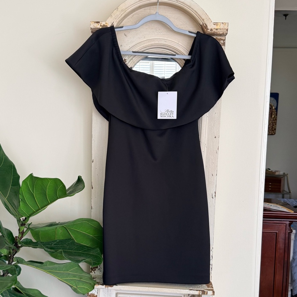 NWT Badgley Mischka Black Off-Shoulder Mini Dress Size 4